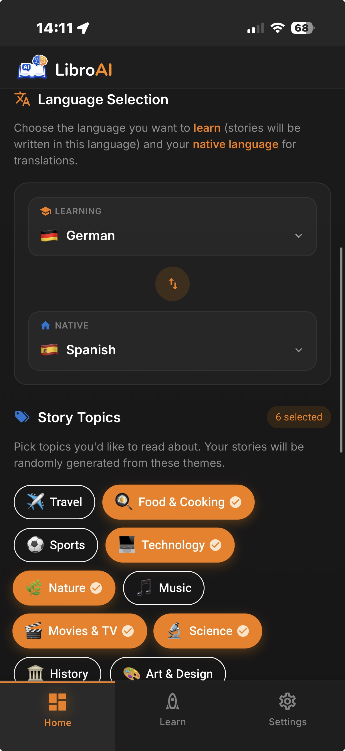 LibroAI language pair selection with 11 languages and personalized topic choices