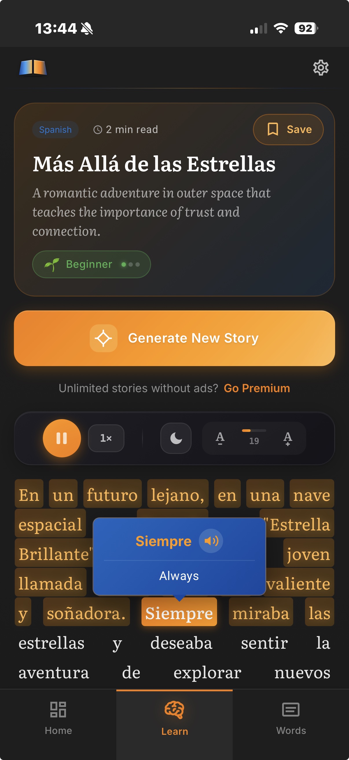 AI-generated language learning story with word-by-word audio highlighting and speed controls